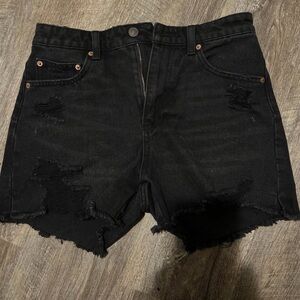 No Boundaries Dark Jean Shorts with Distressed Look